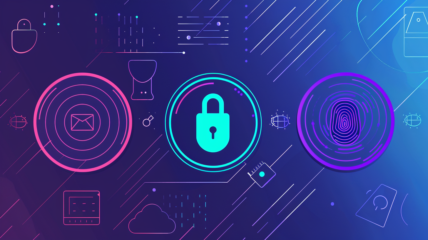 Illustration depicting Multi-Factor Authentication (MFA) with three interconnected circles representing authentication factors: 'Something You Know' (lock icon), 'Something You Have' (smartphone icon), and 'Something You Are' (biometric icon). Arrows connect the circles, demonstrating the flow of authentication. Background features symbols of cybersecurity