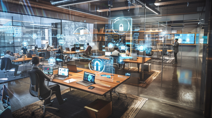 Illustration of a diverse team in a modern office setting surrounded by digital devices, symbolizing the importance of IT and cybersecurity in business operations.